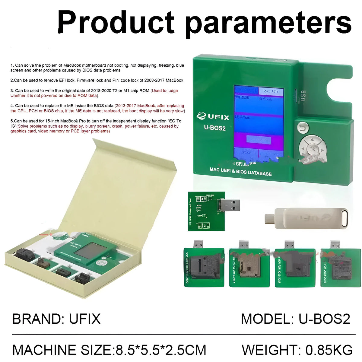 Ufix U-BOS2 green tool with LED screen, write sockets, universal board and USB flash drive for MacBook SPI ROM programming