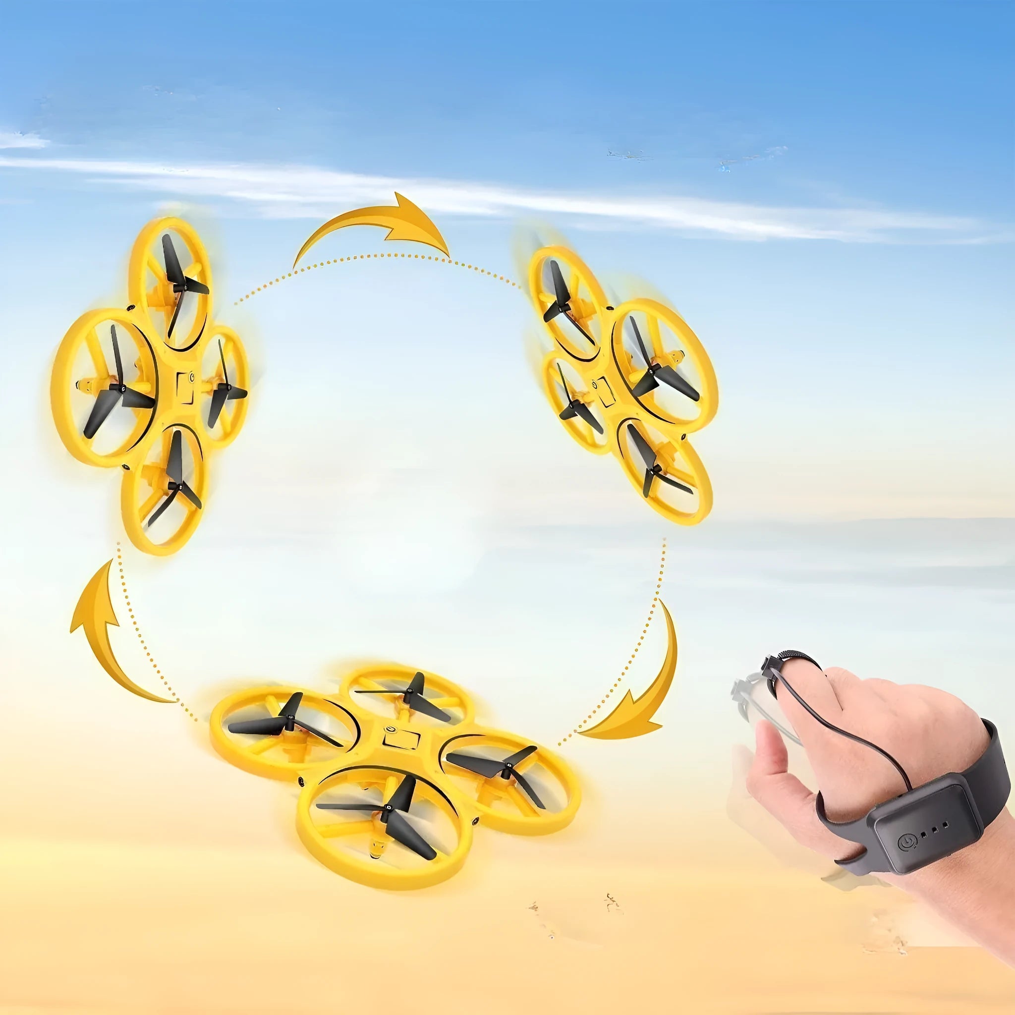 Gesture sensing flying saucer toy with ABS plastic body and four-axis design on white background