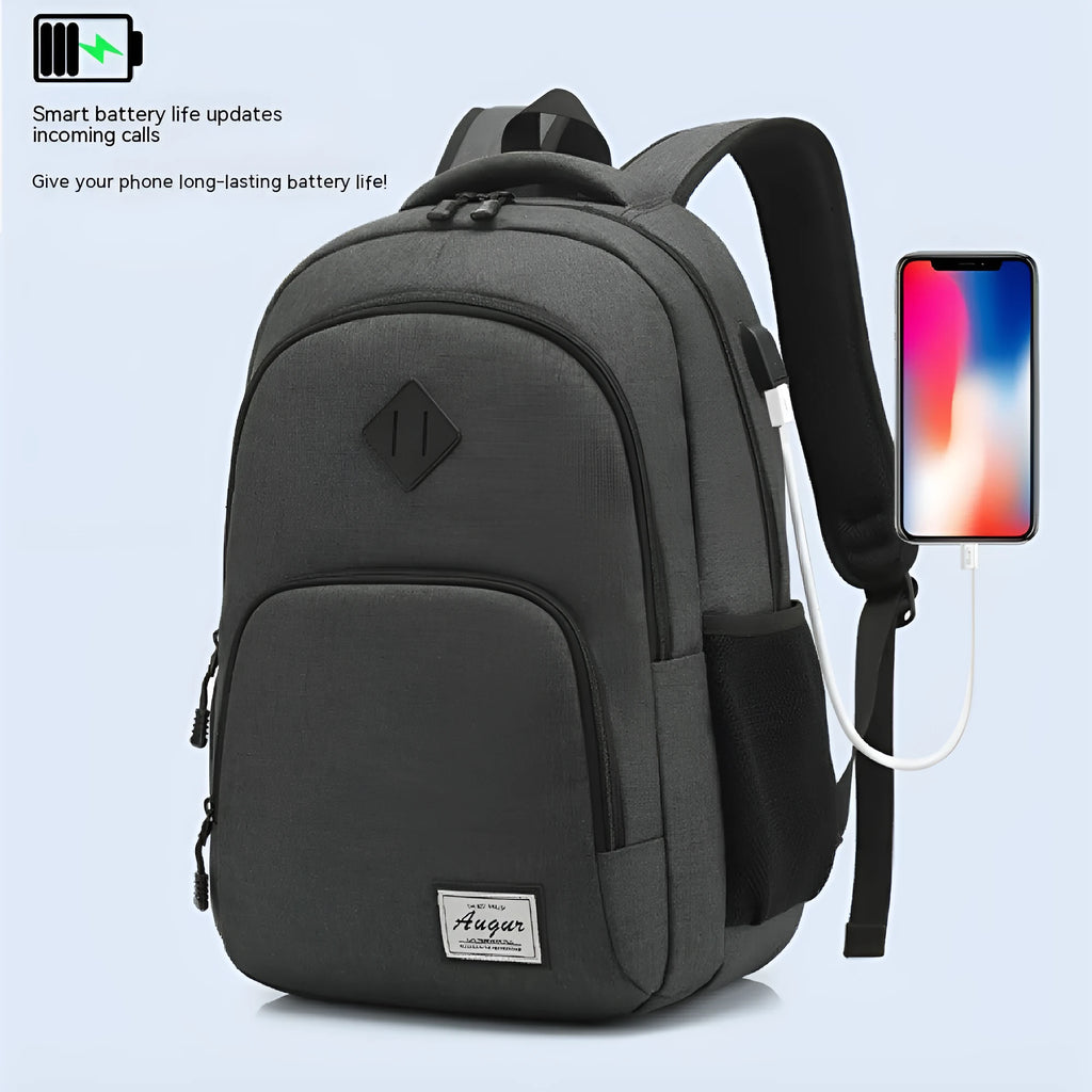 Lightweight laptop backpack with USB charging port in grey colour, showing dimensions and trolley case compatibility