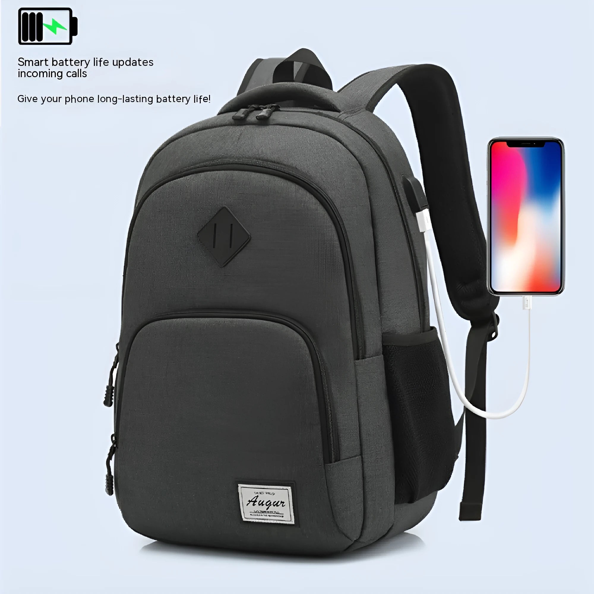 Lightweight laptop backpack with USB charging port in grey colour, showing dimensions and trolley case compatibility
