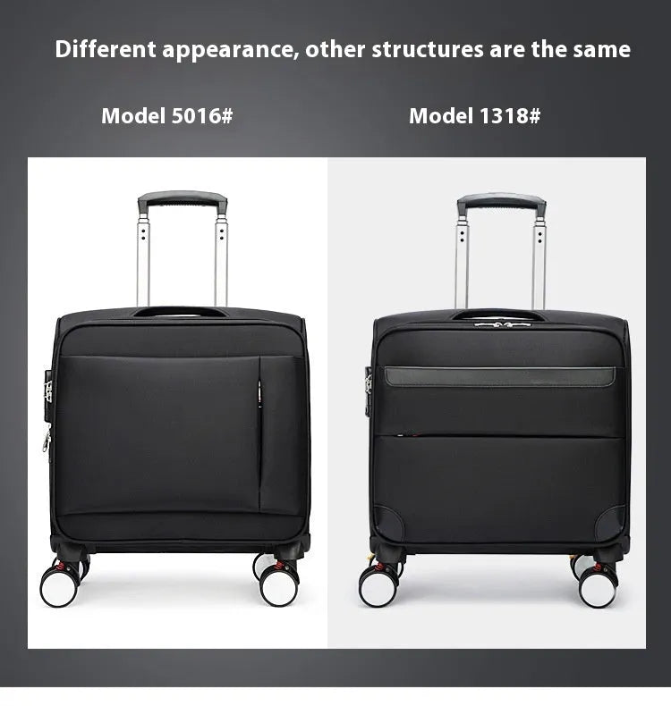 Black 18 inch Oxford cloth carry-on suitcase with retractable draw bar and universal wheels.