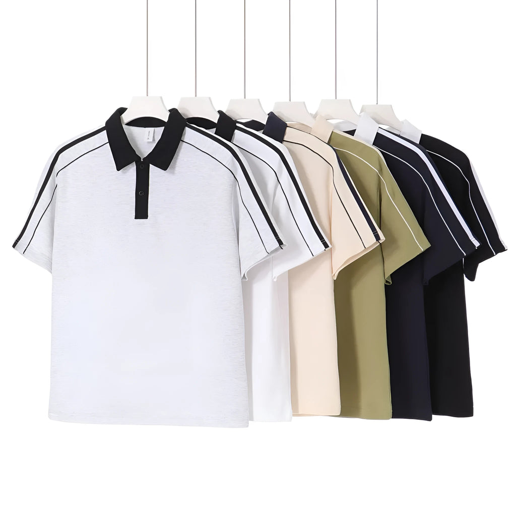 Casual lapel short sleeve polo shirt in cotton blend with drop shoulder loose fit
