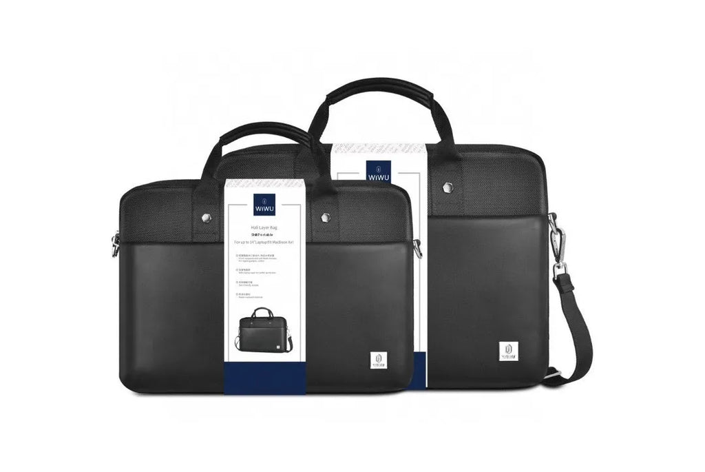 Black oxford cloth multi-pocket laptop handbag shown open, revealing separate padded computer layer and internal organisers.