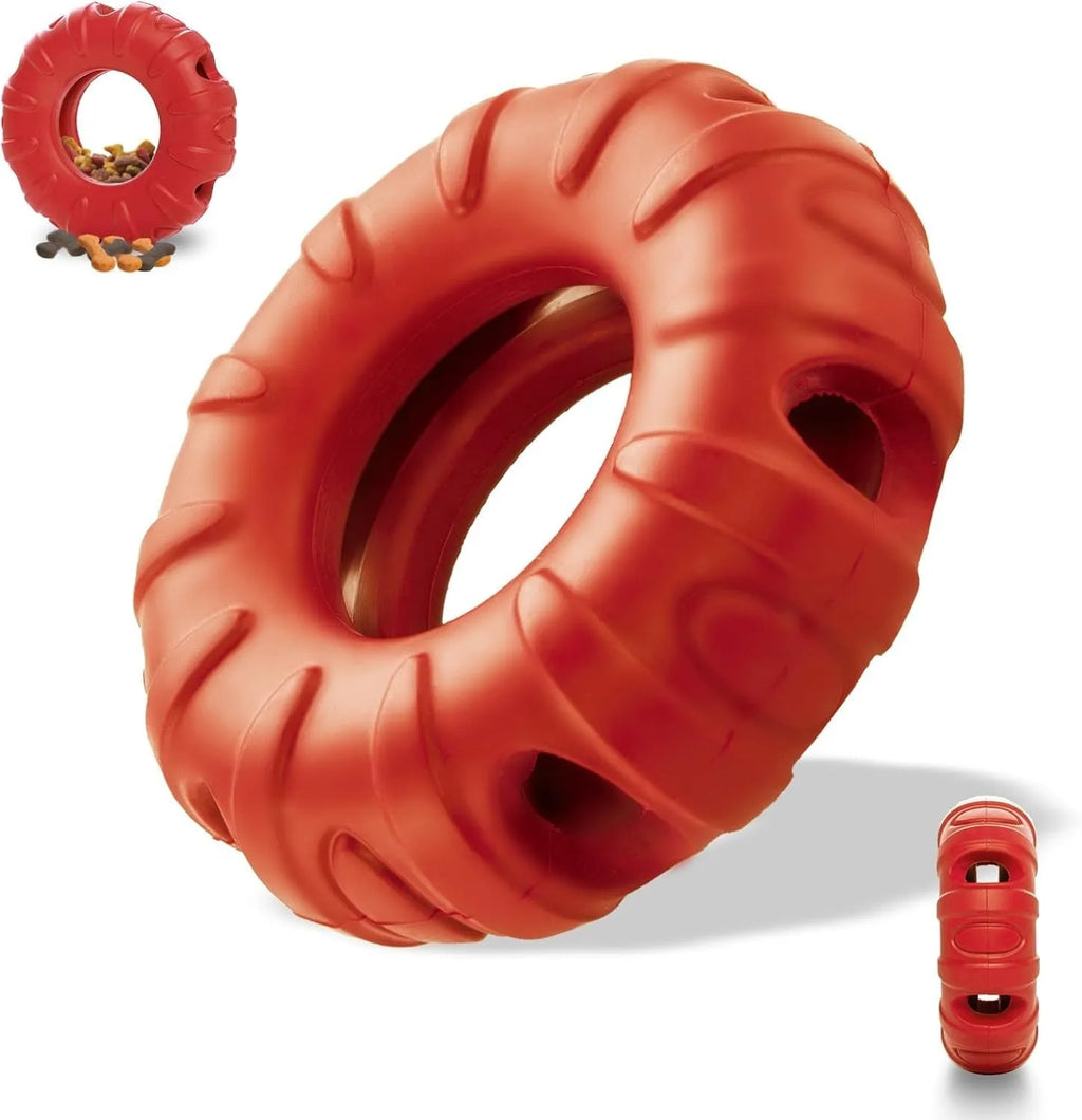 Blue green red tyre-shaped dog chew toy with oval openings for slow feeding