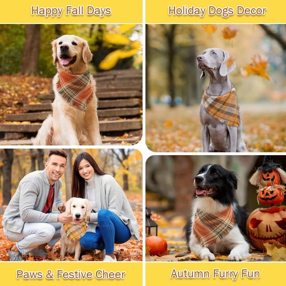 Classic plaid dog bandana with tassel edges in autumn colours of brown, green, orange, red, yellow.