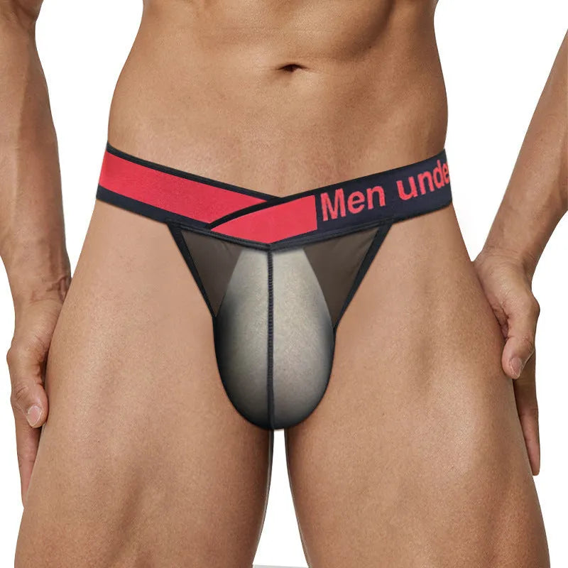 Men's transparent ice silk underwear briefs with a large V-cut gradient front in black.