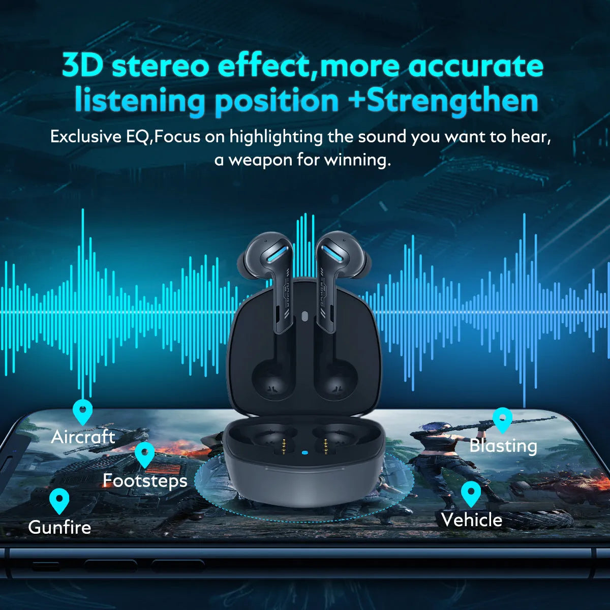 In ear Bluetooth gaming headset G1 with charging cabin in blue and grey