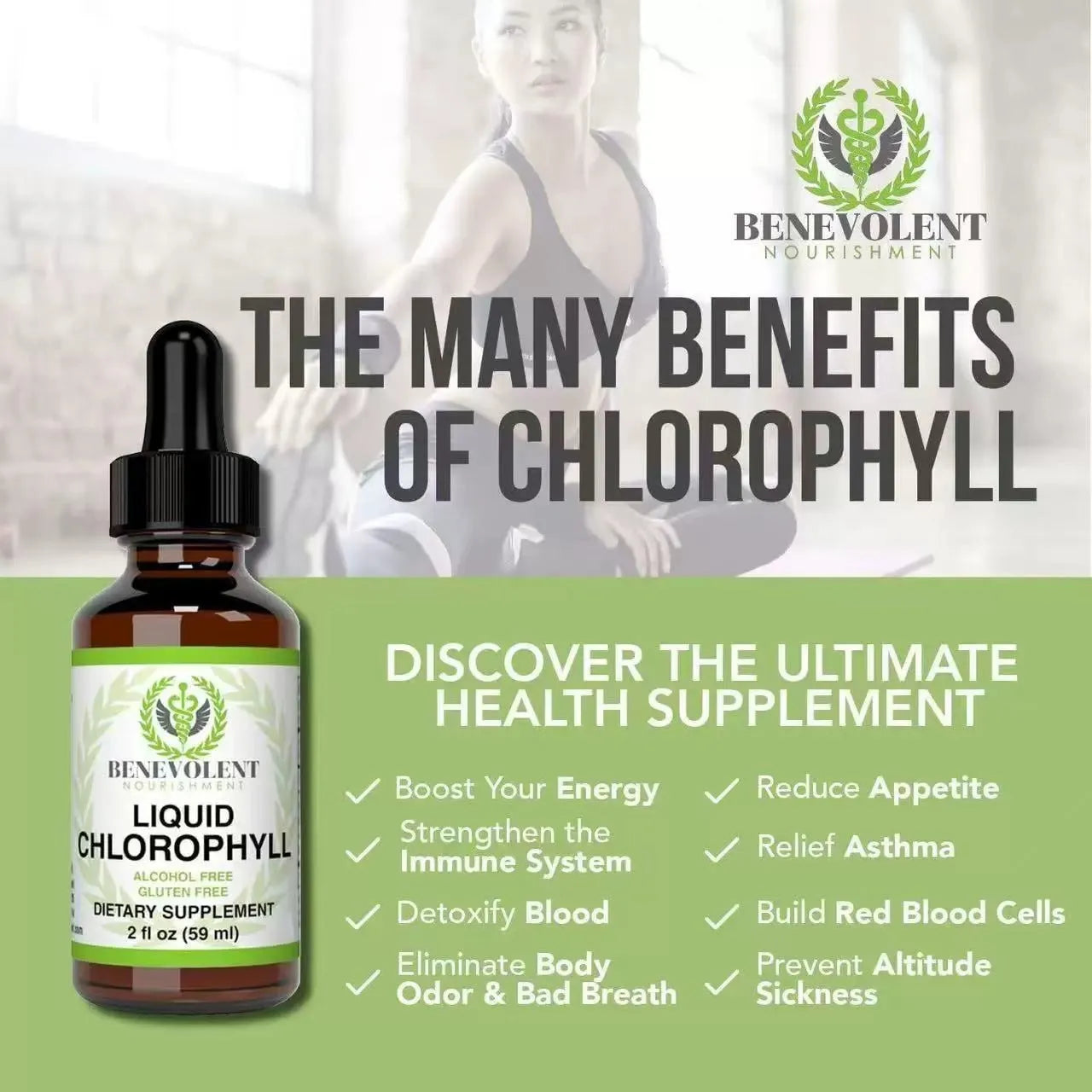 60ml bottle of natural chlorophyll drops with dropper for adult intestinal care