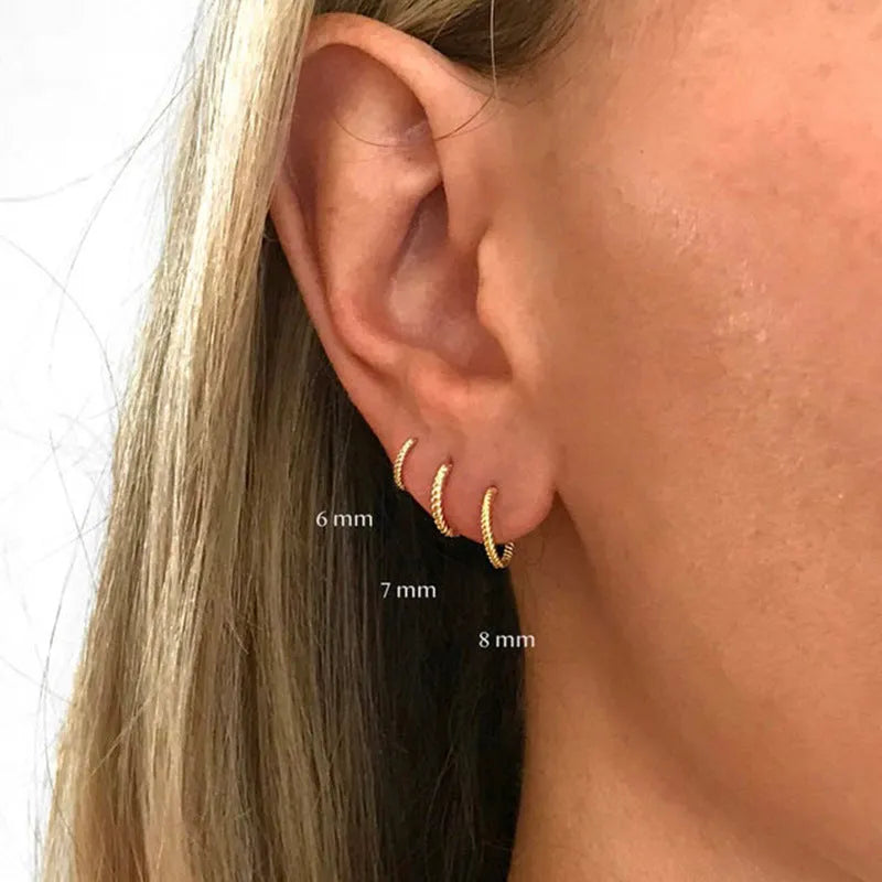 S925 sterling silver twisted string round ring earrings in gold or platinum colours, available in 6mm 7mm 8mm 13mm sizes