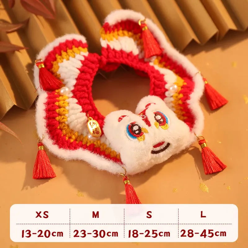 New Year pet scarf collar in Lion Dance Blessing design for cat or dog, size S or M, festive autumn winter accessory