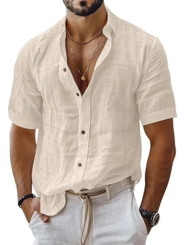 Men's solid colour lapel shirt with short sleeves in cotton linen blend fabric
