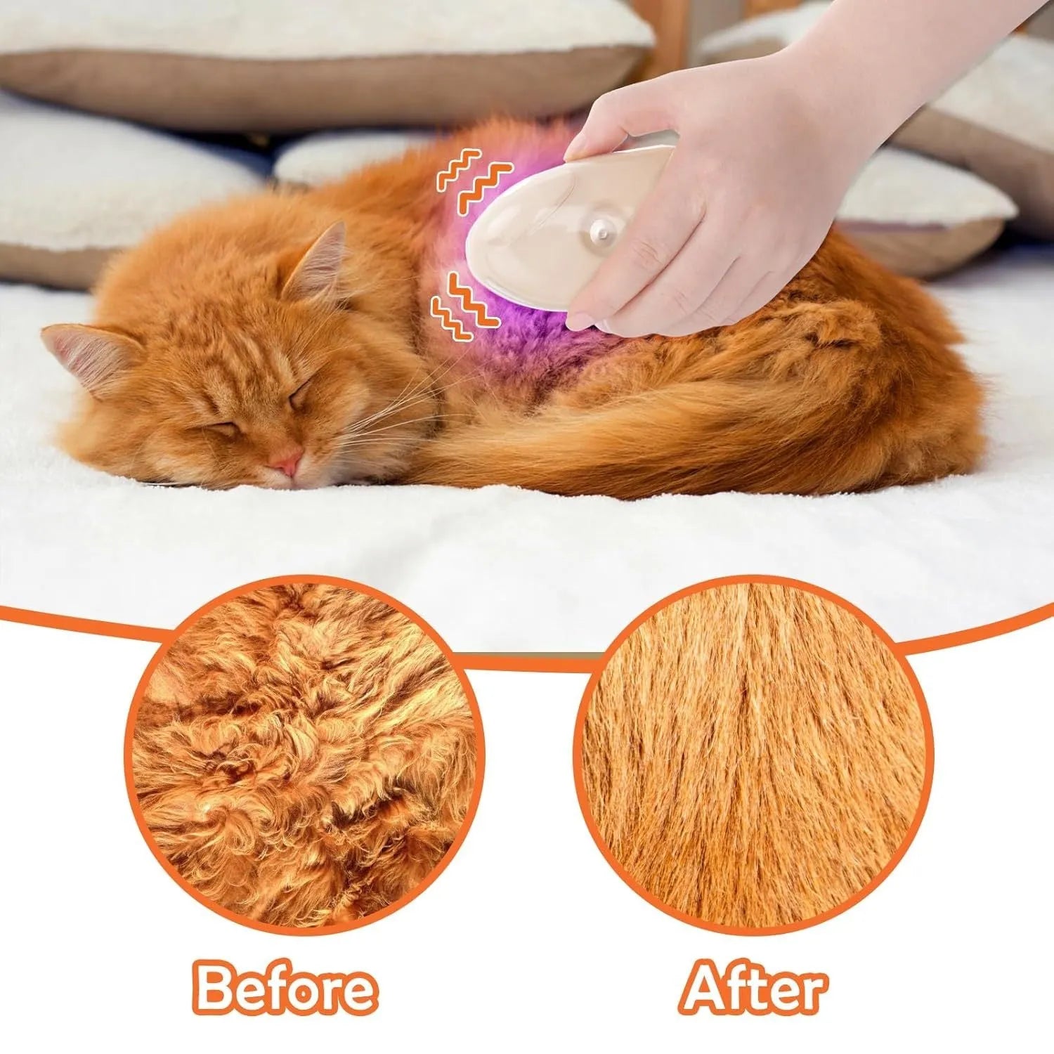 Yellow 4-in-1 cat steam brush with silicone bristles, water tank, and ringworm detector lamp for pet grooming.