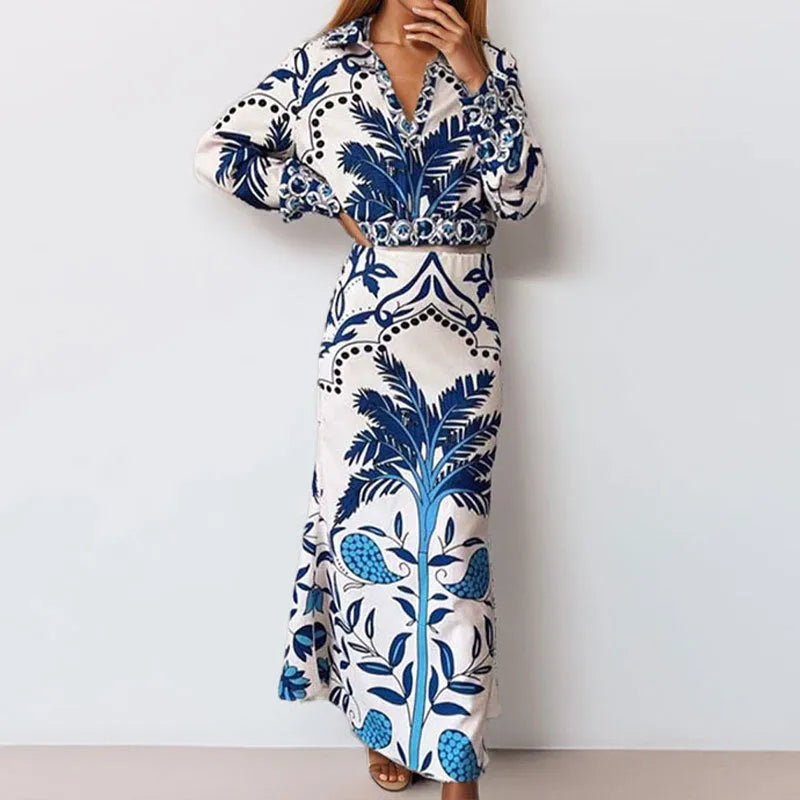 Women's long sleeve top and skirt early spring casual set in polyester fabric