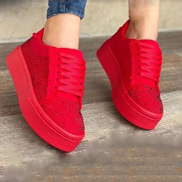 Women's lace-up casual shoes with rhinestone decoration and thick rubber soles in multiple colours