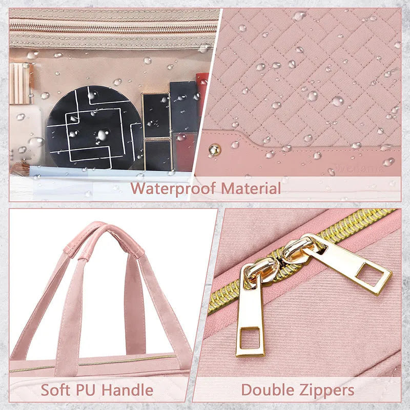 Waterproof polyester hanging cosmetic bag in pink or black measuring 30.5x11x22.9cm