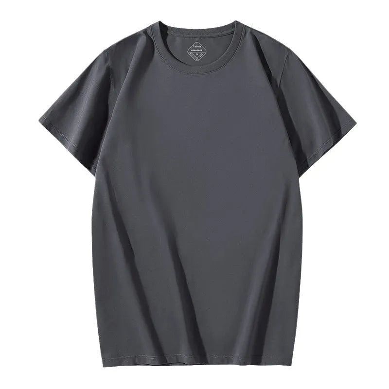Man wearing a loose-fit light blue short sleeve cotton blend t-shirt for summer.