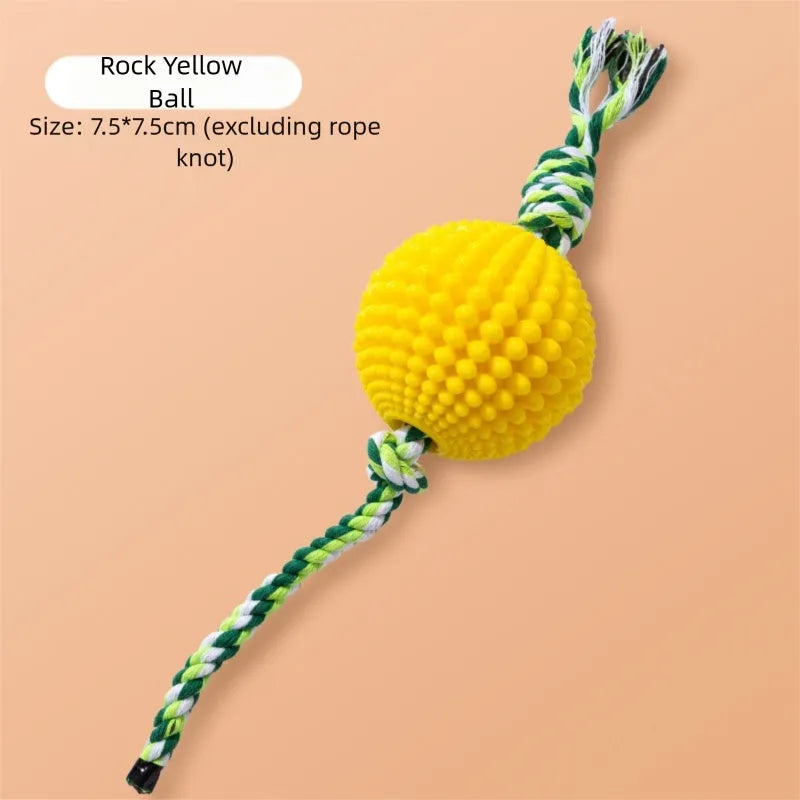 Corn-shaped dog chew toys in yellow and green with rope knots and a yellow ball for small to medium dogs
