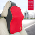 Black and beige memory foam car headrest pillow and lumbar support cushion set on a car seat.