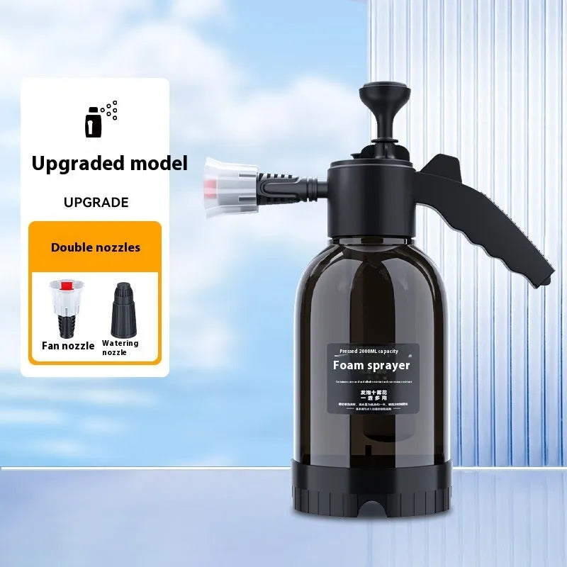 Black 2L foam watering can sprayer with ergonomic handle and adjustable nozzle for garden and car cleaning