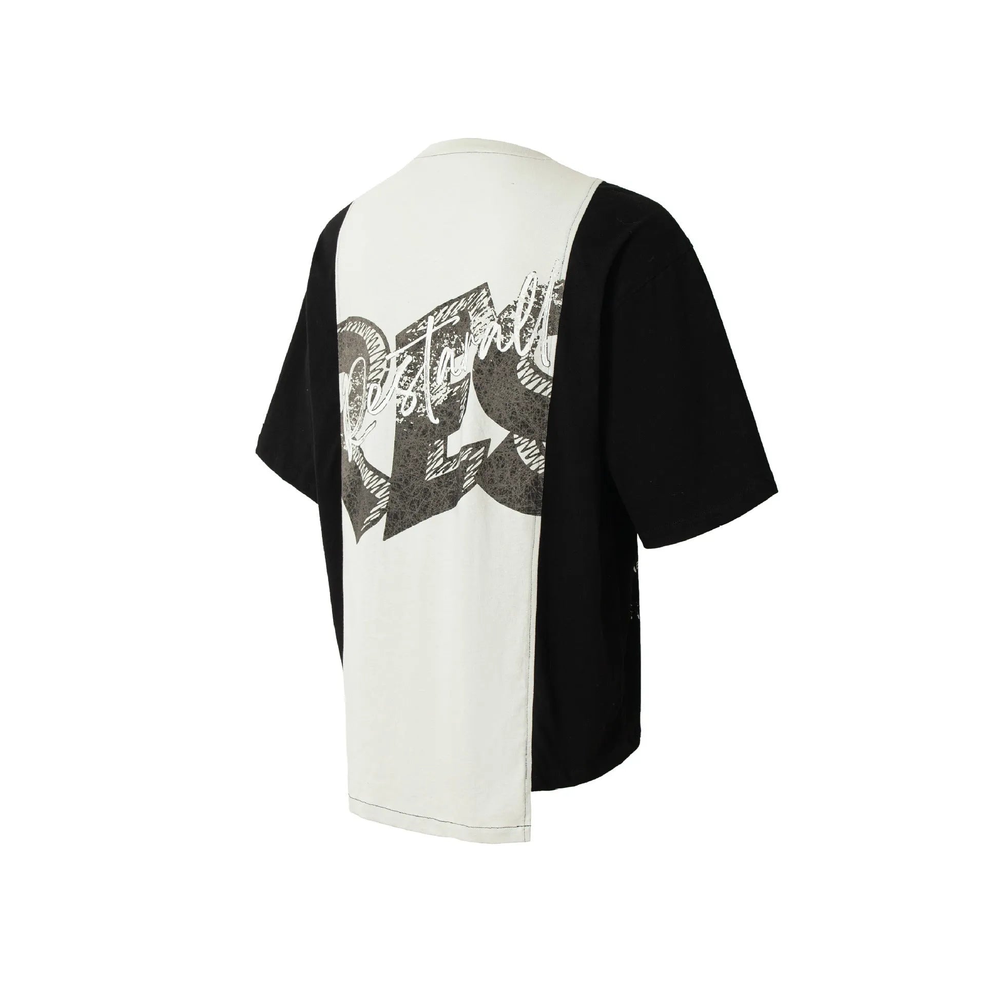 Black and white deconstruction print loose-fit cotton blend T-shirt on a hanger