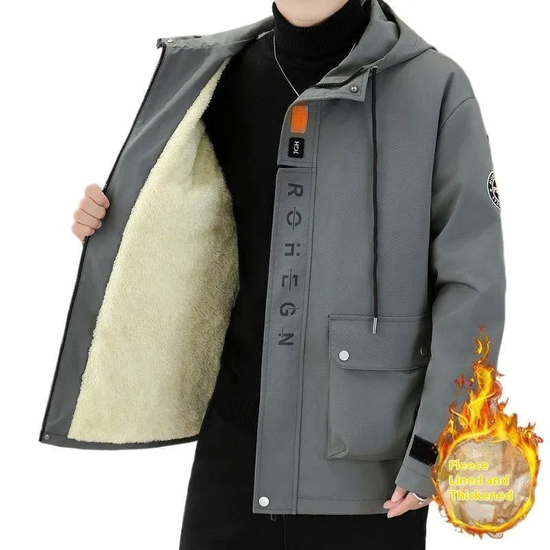 Men's casual hooded fleece-lined corduroy jacket in black, available in sizes M to 4XL