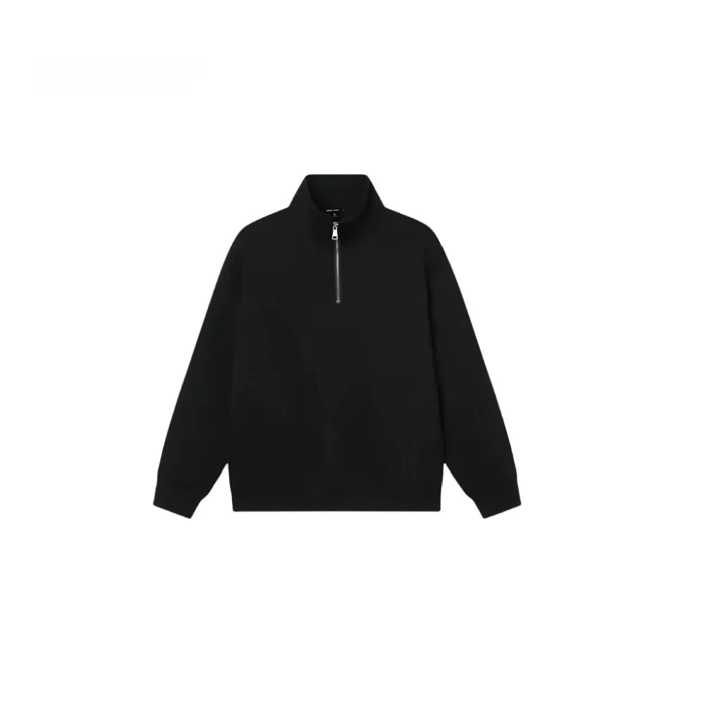 Grey half zip stand collar cotton sweater with long sleeves and grinding finish