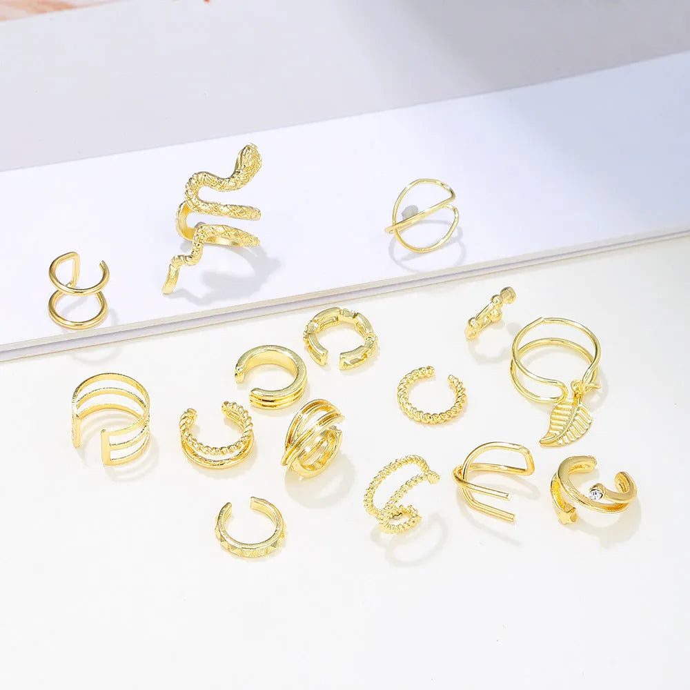 15-piece gold metal clip-on earring set for women without pierced ears geometric round and ring shapes on white background