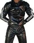 Black men's hooded sports tracksuit set with PU leather jacket and matching trousers.