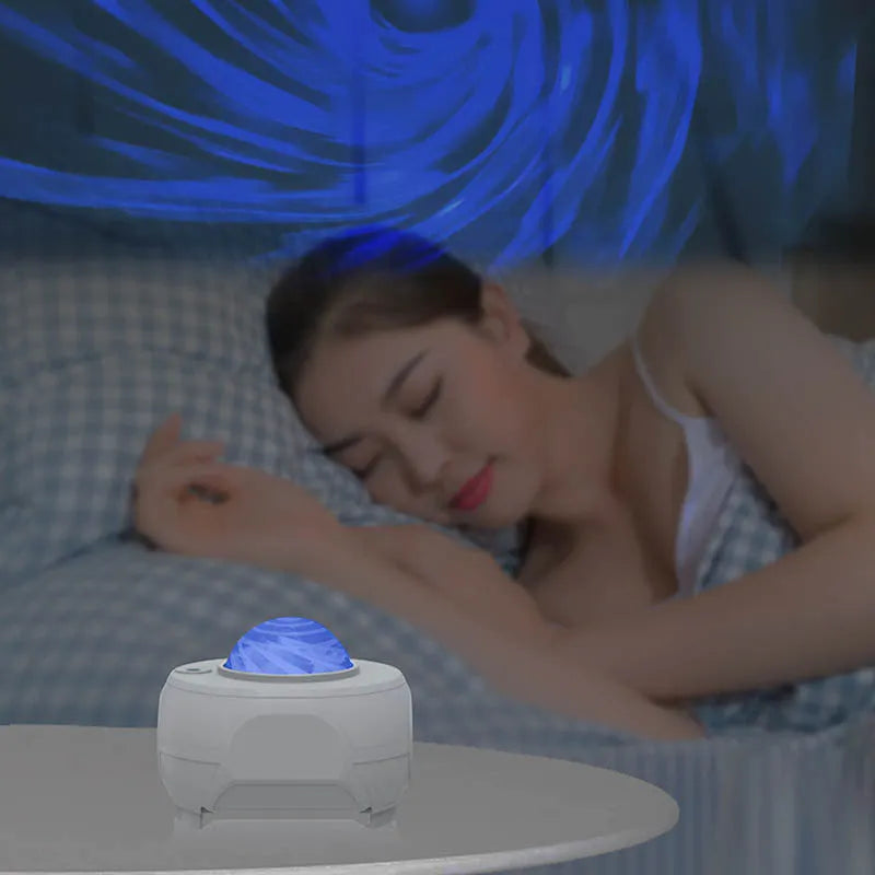 Swirl Moon Full Star Laser Atmosphere Lamp in white with remote control, USB powered, compact 93x85x74mm size