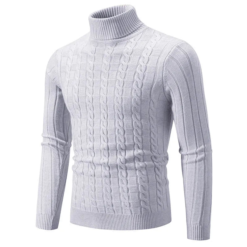 Man wearing a beige slim fit chenille turtleneck pullover jumper.