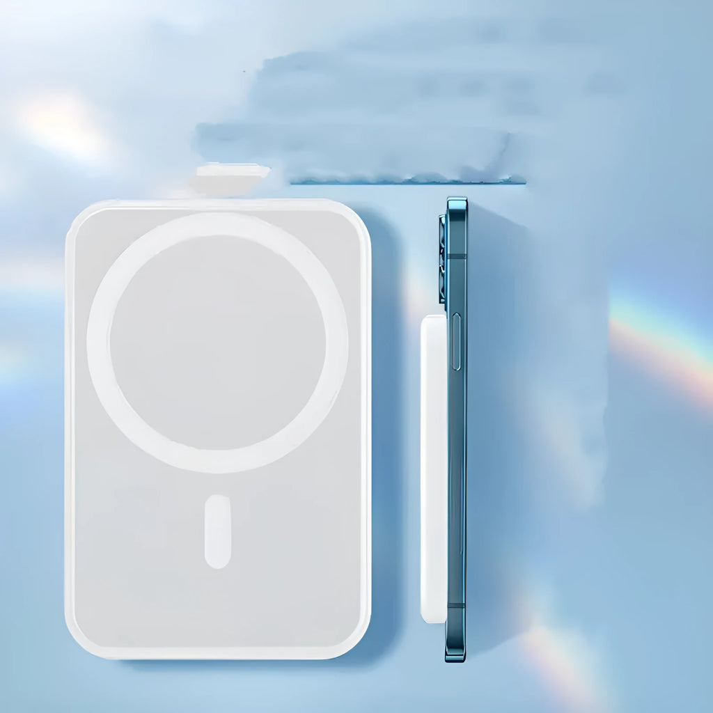 White magnetic wireless charger power bank with 5000mAh capacity measuring 100x65mm