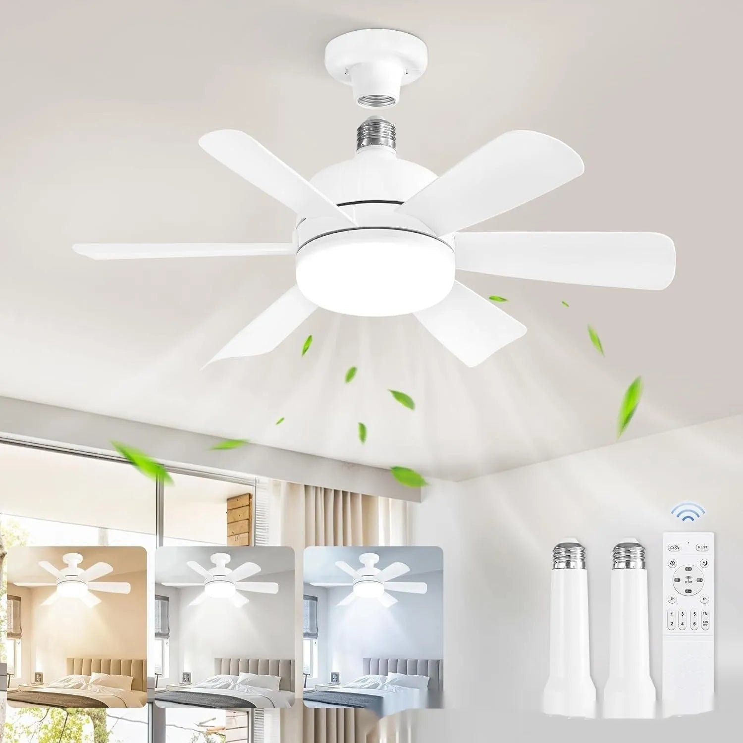 18-inch straight leaf fan lamp with remote control, three-colour variable light, mute motor, black colour option