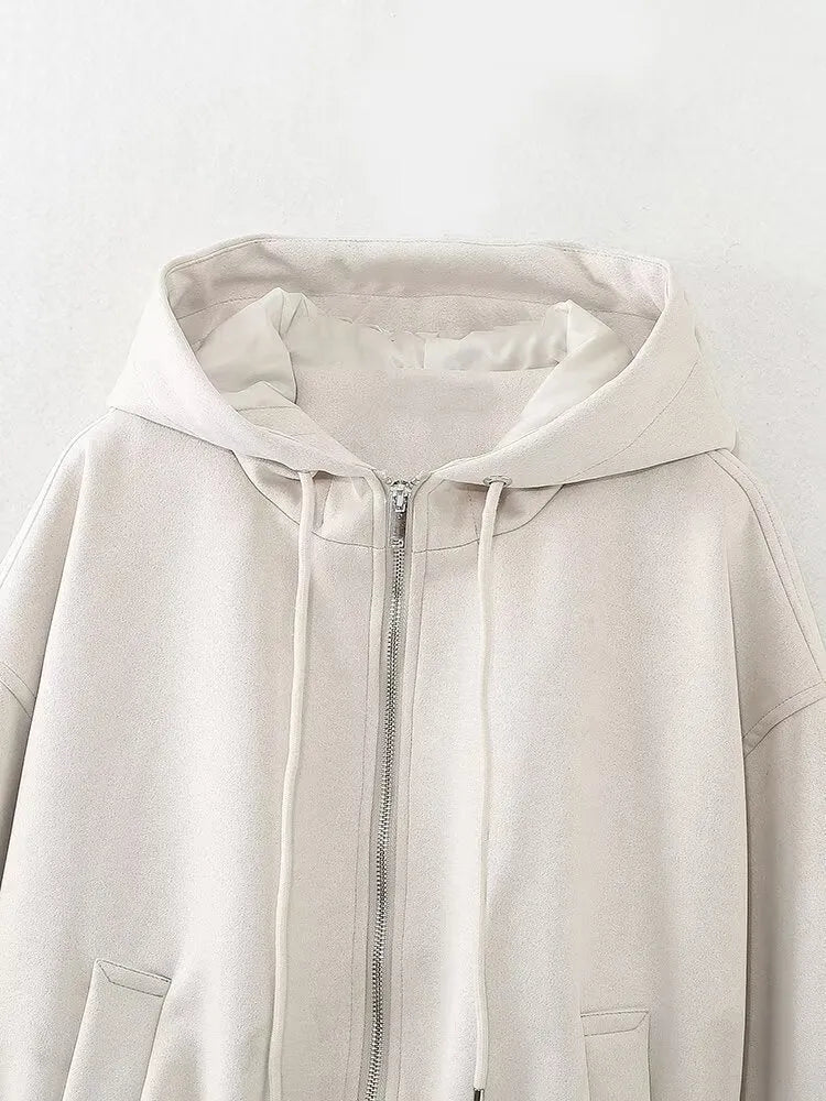 Women's suede hooded jacket in white and black colours showing casual styling