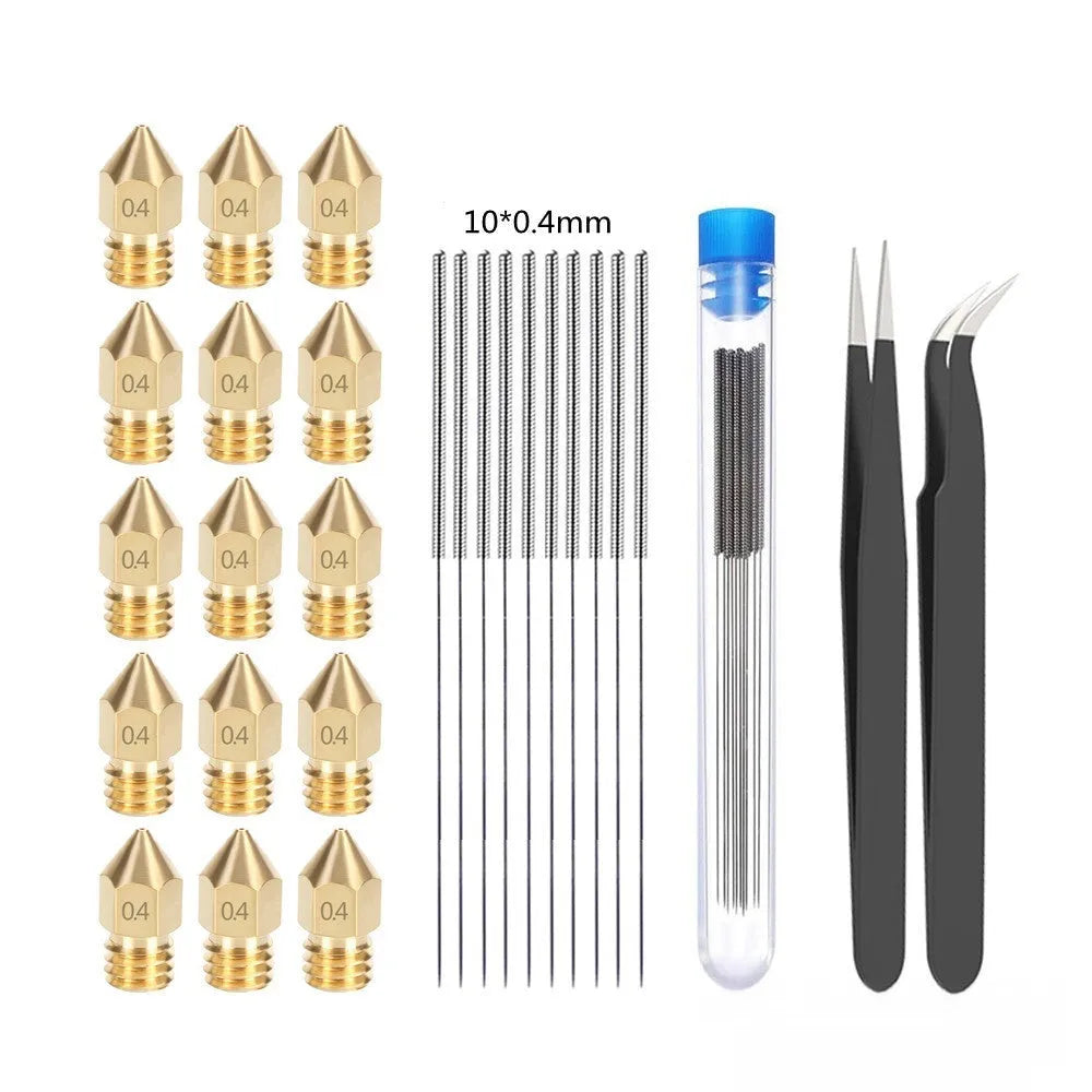 Brass MK8 nozzles and a stainless steel cleaning pin for 3D printer maintenance.