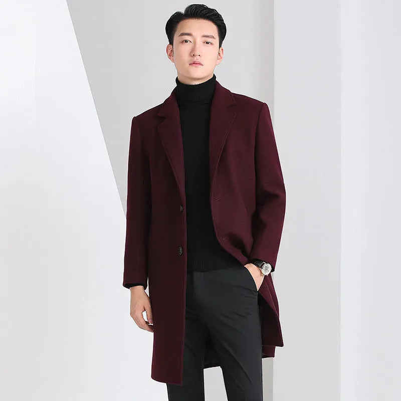 Men's slim-fit Korean-style mid-length wool coat in black, grey, navy blue, and wine red solid colours with side seam pockets