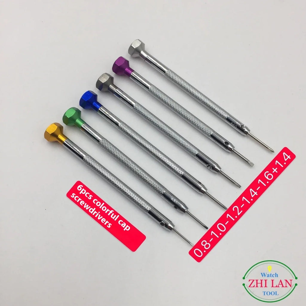 6-piece colour-coded watch repair screwdriver set with aluminium handles and spring steel cutter heads