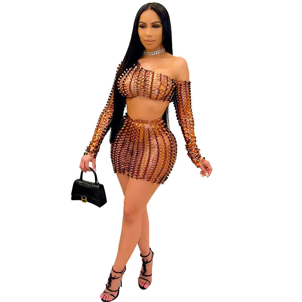 Women's hollow-out net hole two-piece dress set in polyester fabric