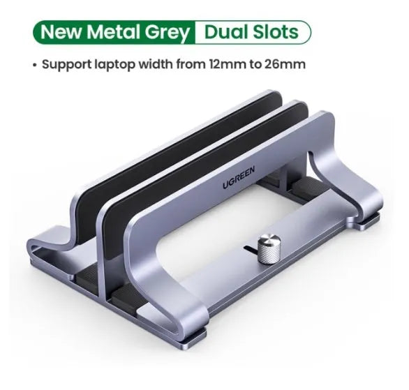 Silver aluminium alloy laptop cooling stand with adjustable width settings on a desk