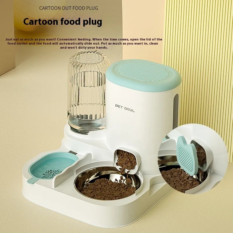 Automatic cat food and water fountain with integrated double stainless steel bowls in avocado green.