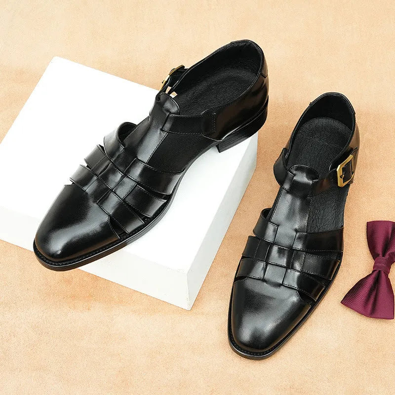 Men's black genuine leather sandals with pigskin lining and rubber sole