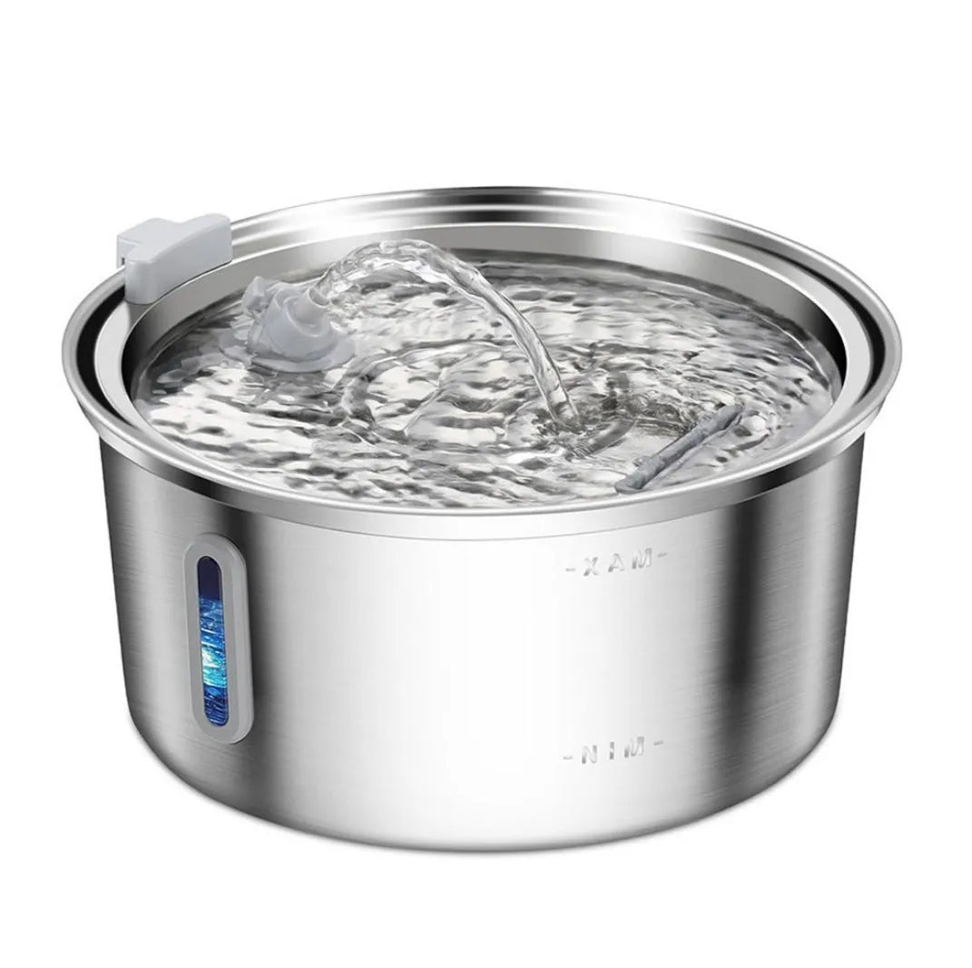 Stainless steel round pet water dispenser with large reservoir and selectable faucet attachment