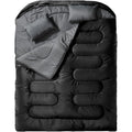 Portable pillow size polyester sleeping bag in black double colour, folded compact