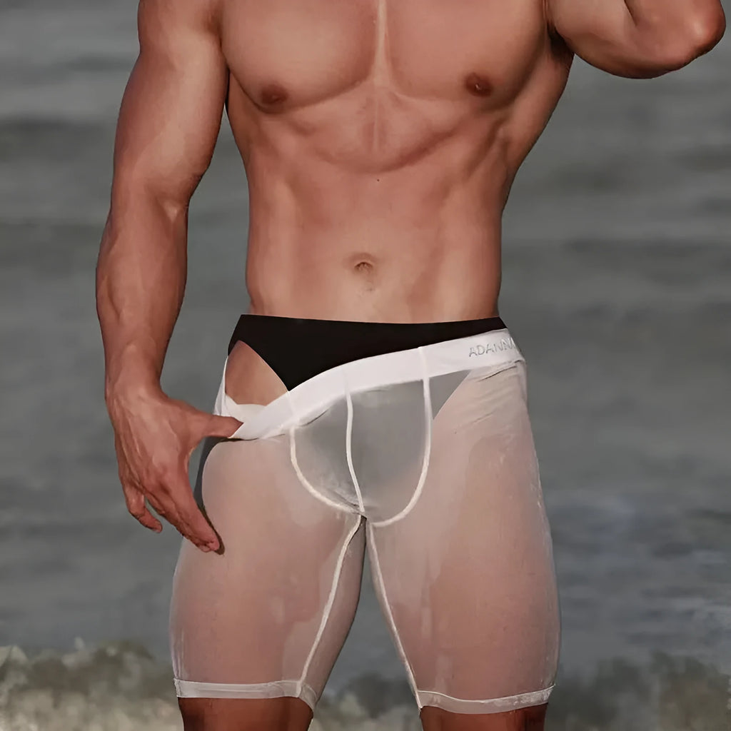 Men's seamless mesh shorts in knitted nylon fabric, black colour with hip-lifting design