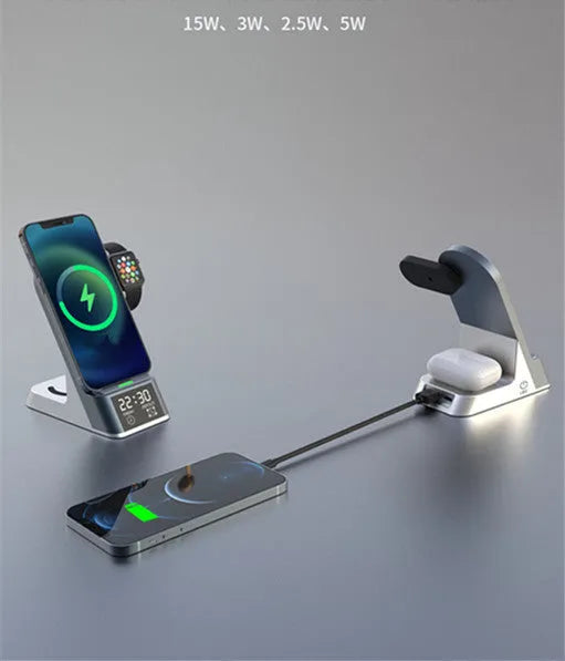 Creative H35 multifunctional wireless charging station with alarm clock in black, showing phone, watch, and earbud charging pads