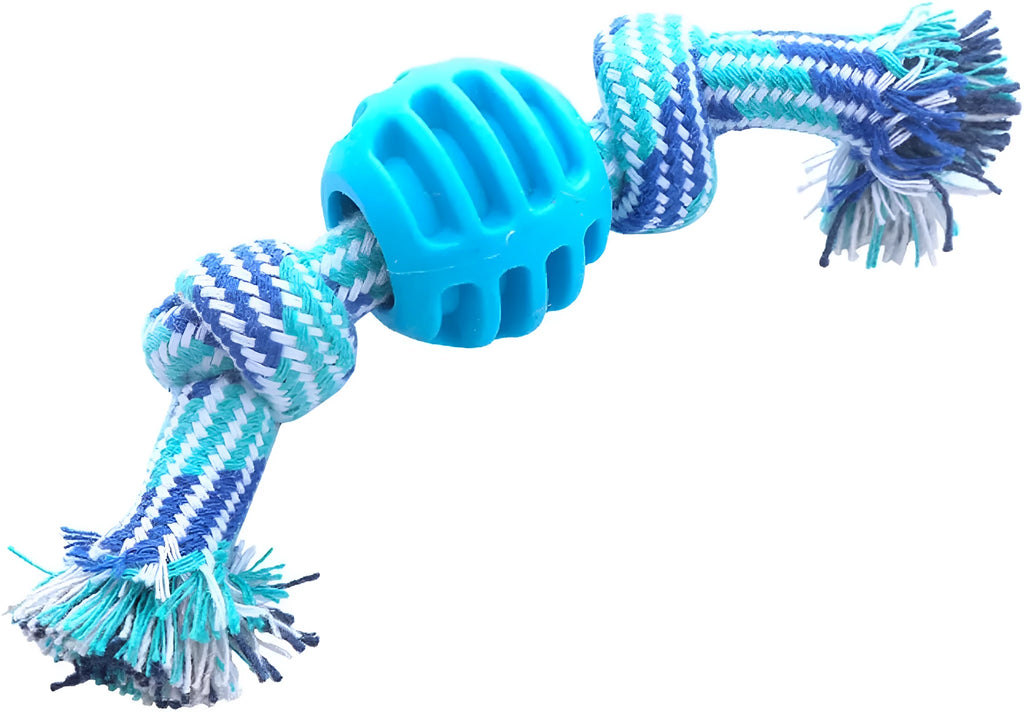 Blue soft dog chew toy with rope attachment for teeth cleaning and tug play.