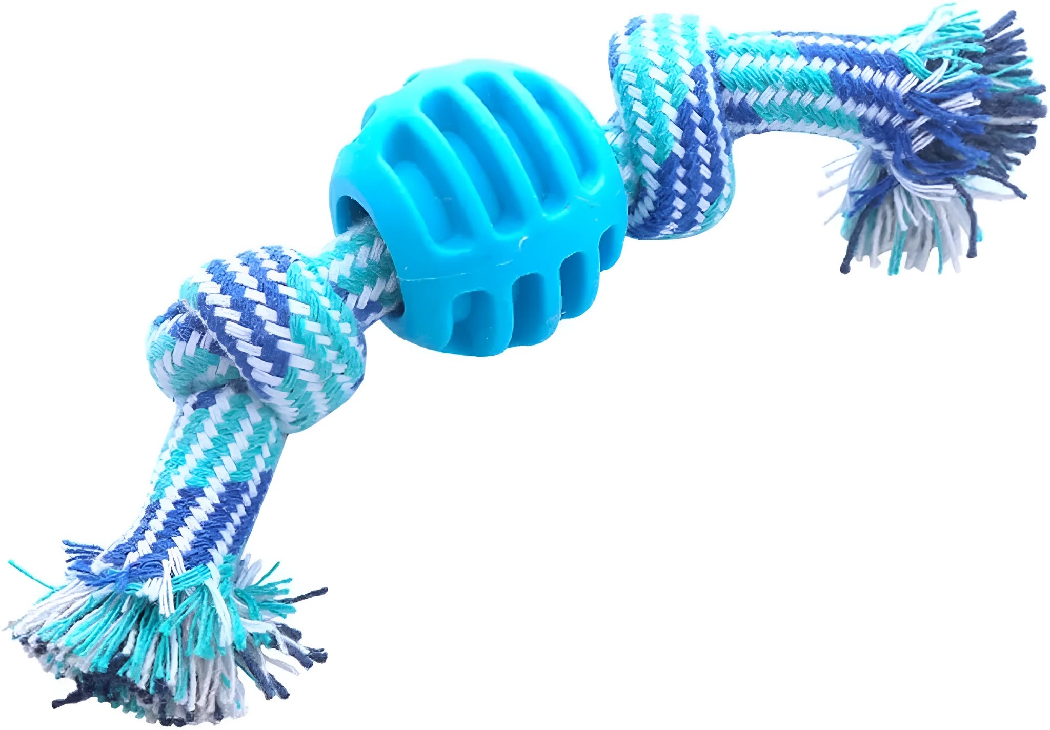 Blue soft dog chew toy with rope attachment for teeth cleaning and tug play.