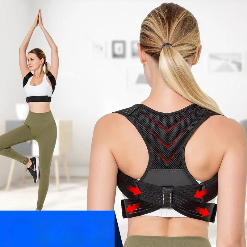 Black anti-humpback posture correction belt shown on a model, suitable for running and fitness.