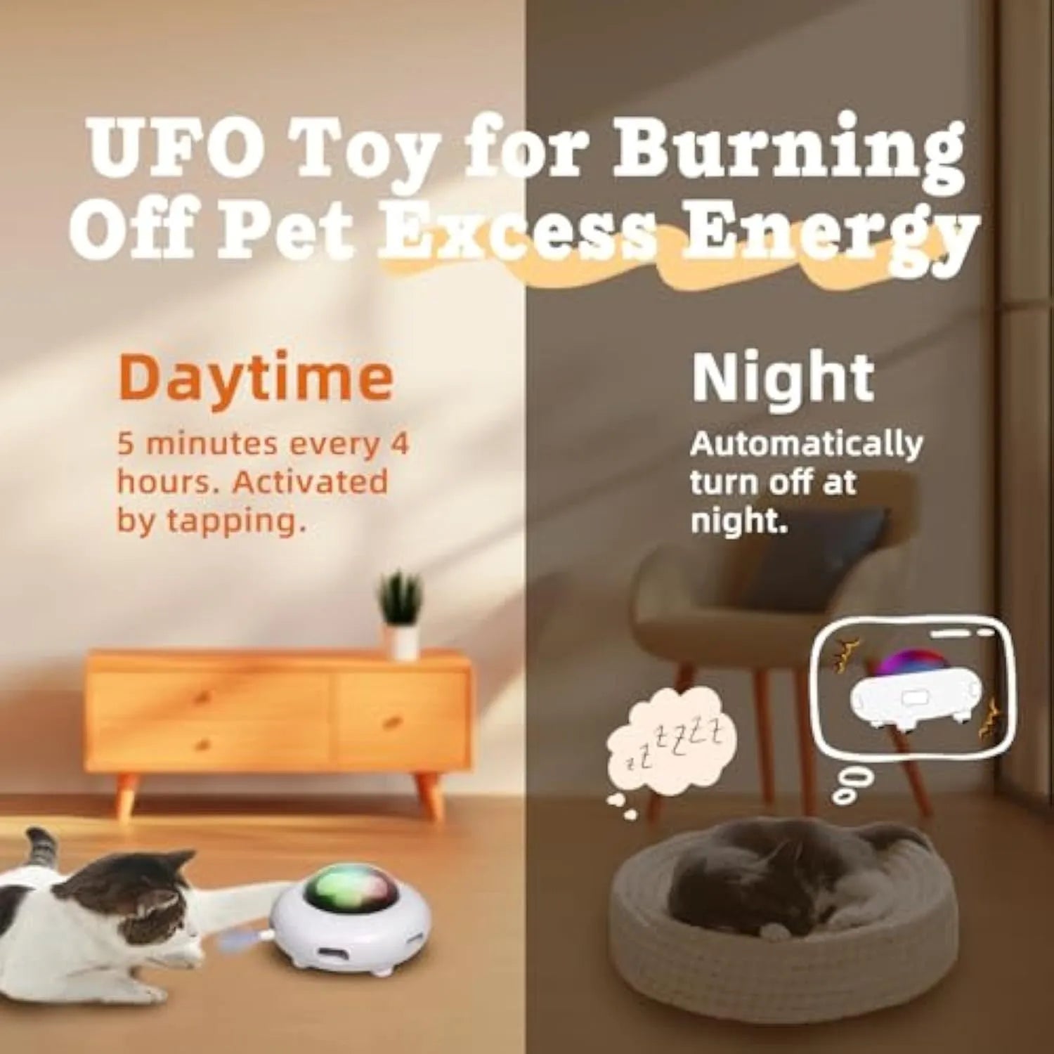 White automatic cat toy with colourful feathers and LED lights for indoor feline entertainment