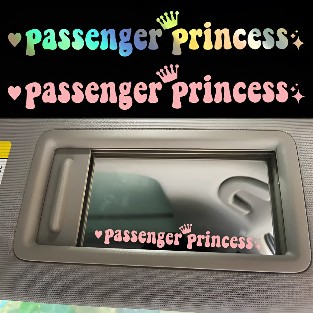Passenger princess text car sticker measuring 15cm by 2.3cm for rearview mirror application