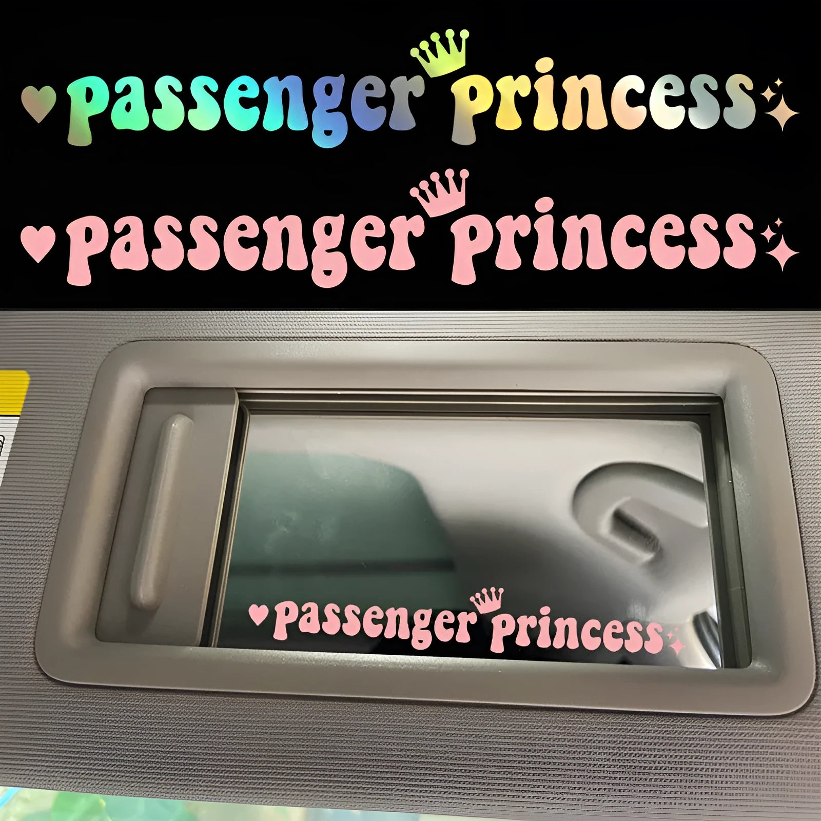 Passenger princess text car sticker measuring 15cm by 2.3cm for rearview mirror application